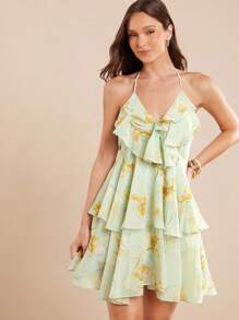 L'Amorae 优雅荷叶边缎面扎染系带迷你太阳裙，女士夏季服装 - 淺藍色 - 查看 1