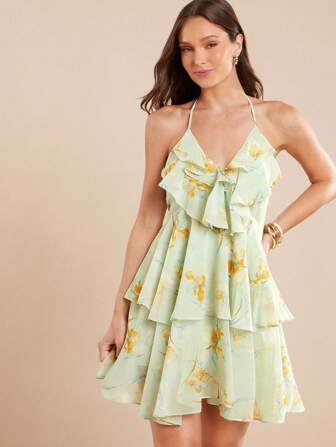 L'Amorae 优雅荷叶边缎面扎染系带迷你太阳裙，女士夏季服装