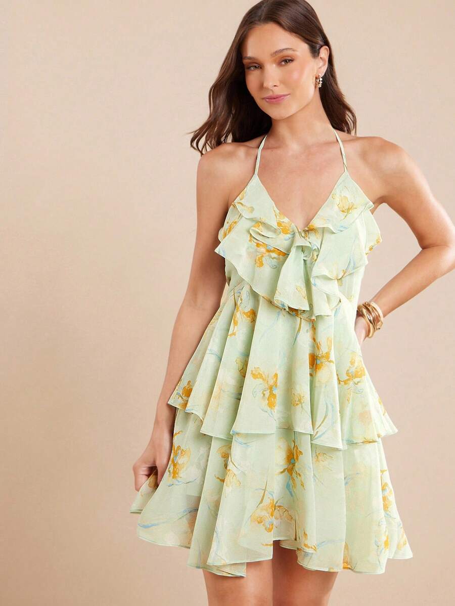 L'Amorae 优雅荷叶边缎面扎染系带迷你太阳裙，女士夏季服装 - 淺藍色 - 查看 1