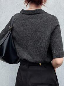 FRIFUL 女式修身 Polo 领金属纽扣装饰短袖 T 恤，夏季 - 黑色 - 查看 6