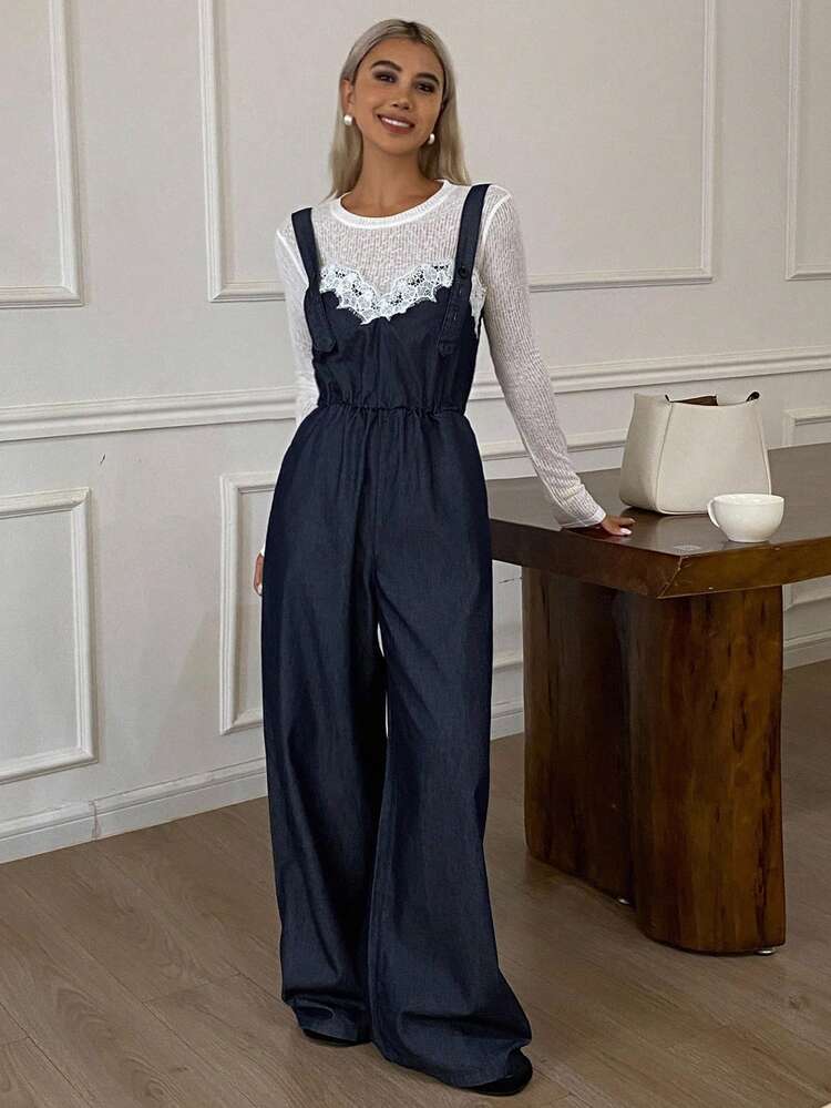 Women's Lace Patchwork Casual Denim Jumpsuit And Bib Pants