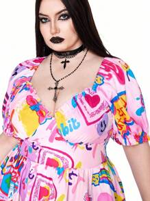 Flirla Váy ngắn tay in họa tiết đơn giản, thoải mái, cỡ lớn, trang phục rave - Nhiều màu - Xem 6