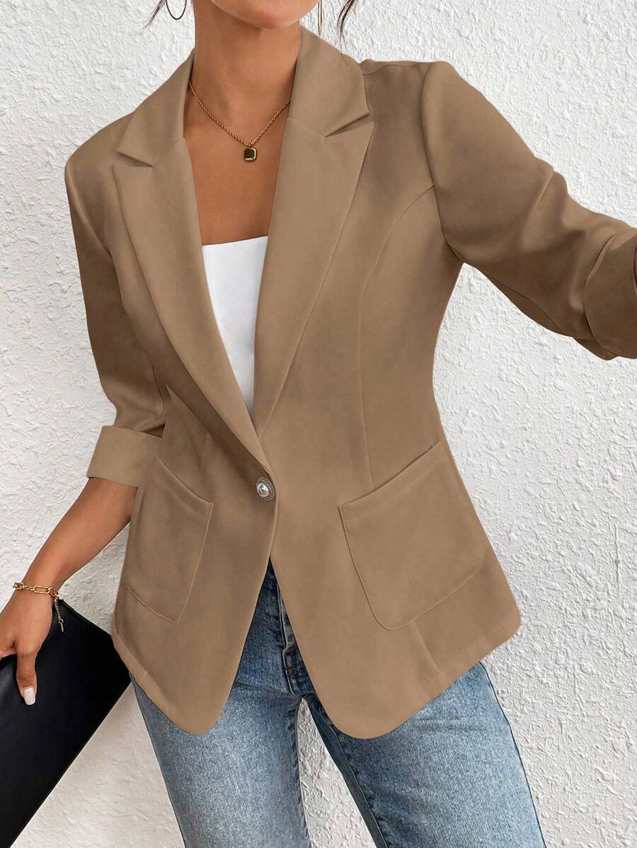 Franclia Blazer casual y de trabajo de un botón para mujer, ropa de primavera/verano para la universidad - Caqui - Ver 1