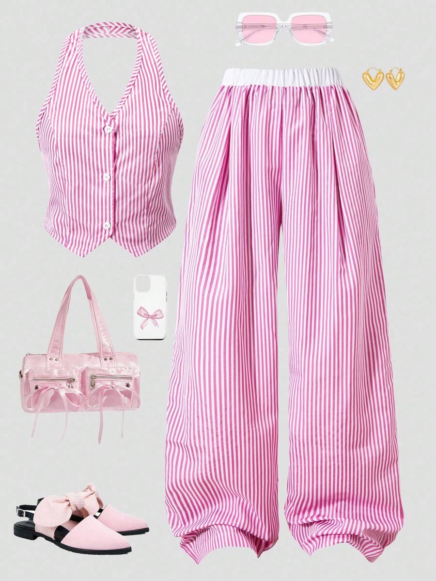 2 件套女孩青少年套装，无袖条纹背心和松紧腰阔腿条纹裤套装，休闲和办公室服装，夏季 - 粉色 - 查看 1