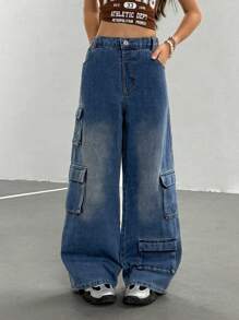 女童街头时尚休闲百搭工装不对称多口袋灰色水洗复古机车宽松直筒牛仔裤，不含 T 恤和配饰 - 藍色 - 查看 7