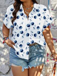 SHEIN LUNE Áo sơ mi tay ngắn họa tiết hoa cỡ lớn, Áo sơ mi nữ, Mùa hè - Nhiều màu - Xem 1