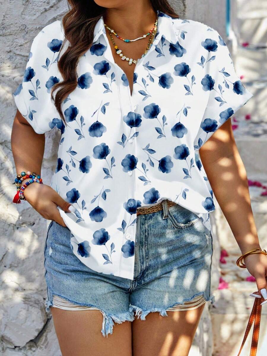 SHEIN LUNE Áo sơ mi tay ngắn họa tiết hoa cỡ lớn, Áo sơ mi nữ, Mùa hè - Nhiều màu - Xem 1