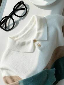 SHEIN 小男孩休闲撞色针织软领拉链长袖毛衣，适合秋冬季通勤、上学、居家、休闲、街头风格、派对和户外