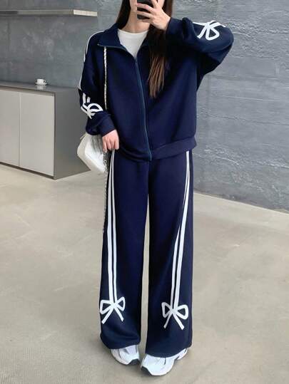 SHEIN Teen Girls' Solid Color Knit Contrast Tape Trim Cardigan And Wide Leg Pants Casual Outfit Girls Tracksuit Two Piece Pants Set Teen Women 2 Piece Pants Suits Bow Pants 15 Years Old Girls Pants Suit Fall Winter