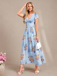 Amorya 女士V领蕾丝拼接雪纺束腰花卉印花长裙，优雅高端感，适合度假、约会、下午茶等各种场合 - 彩色 - 查看 4