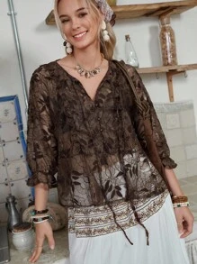 LanaWest Women's Boho Lace Snap Front Fitted Shirt - Brown - View 5