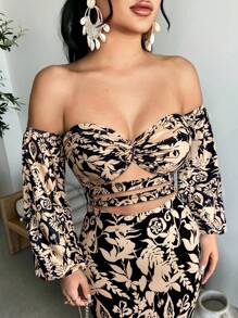 SHEIN SXY 休闲时尚全身印花性感露肩女式上衣 - 黑色 - 查看 3