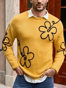 Manfinity VCAY Áo len dài tay họa tiết hoa thời trang thường ngày cho nam, Áo len hoa mùa thu/đông cho nam Áo len màu vàng cho nam Áo len đan cho nam Áo len đan hoa cho nam Áo len đan cho nam Áo len thêu cho nam - Nhiều màu - Xem 3