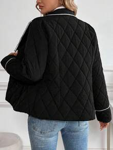 EMERY ROSE 女式撞色镶边口袋冬季棉服外套，长袖绗缝夹克女式夹克黑色夹克女式黑色绗缝夹克女式绗缝夹克 - 黑色 - 查看 2