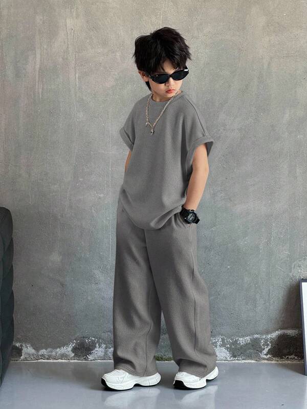 Conjunto informal de chaleco y pantalones de unicolor albaricoque con ajuste holgado en estilo coreano para niño preadolescente, adecuado para ir al colegio, uso diario casual, deportes, y apropiado para primavera/verano, vacaciones