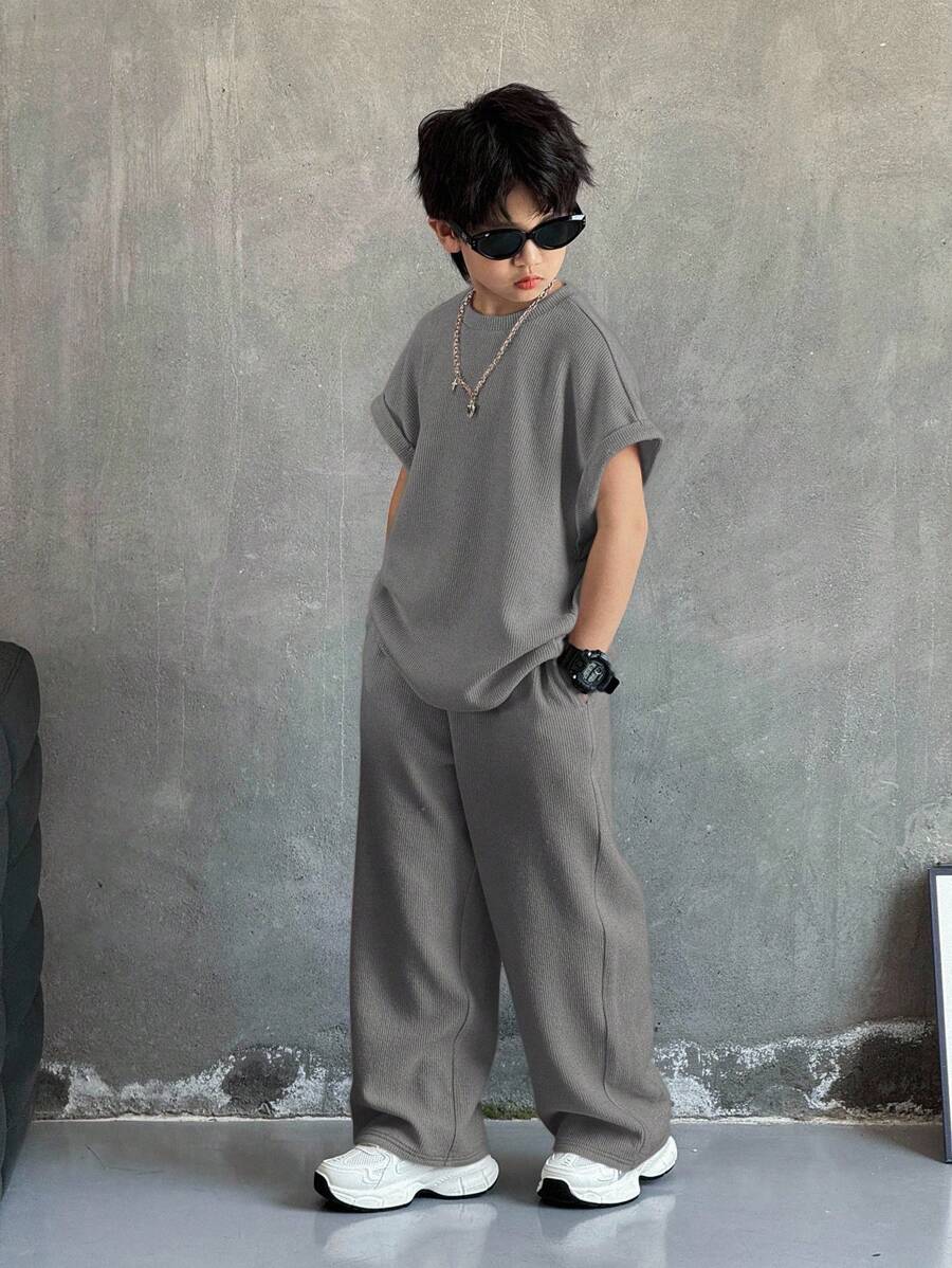 Tween Boy 休闲韩版宽松纯色杏色背心和裤子套装，适合通勤、上学、日常休闲装、运动，适合春夏季、度假