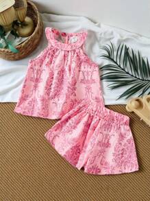 SHEIN Vintaside Kids 2pcs/Set Young Girl Summer New Fashion Casual Vintage Breathable Loose Digital Print Sleeveless Top + Shorts Set