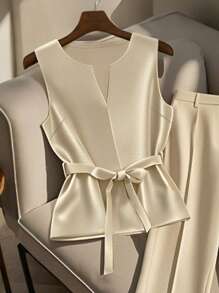 Franclia Women Commute Minimalist Sleeveless Waist Cinched Waist Elegant 2 Pieces Set