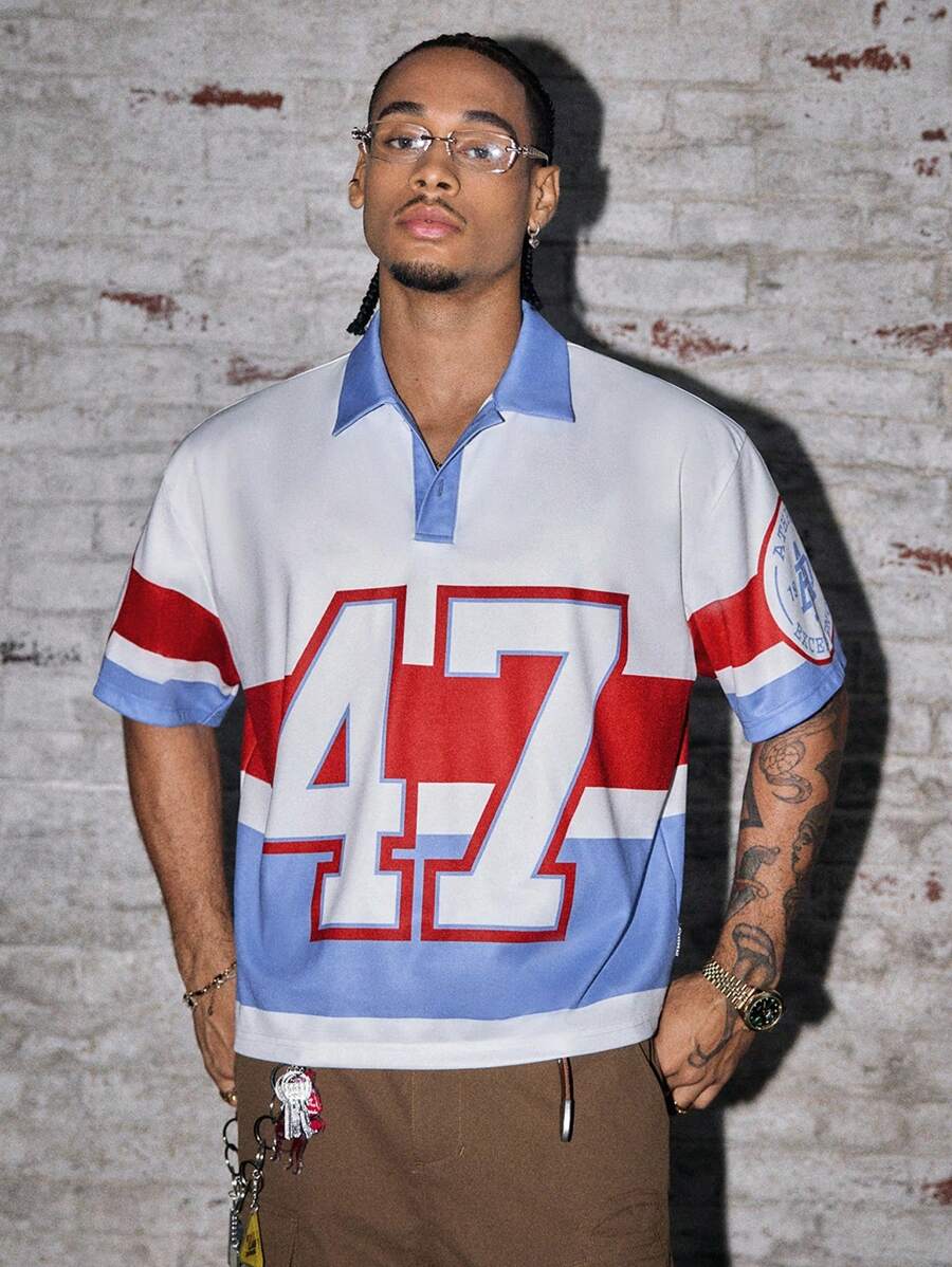 Axepeak 数字印花短袖男式 Polo 衫 - 藍白色 - 查看 1