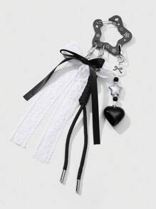 ROMWE Anime 1 pieza Estilo gótico vintage punk negro hueco de acrílico en forma de estrella, corazón, cinta de tul blanco trenzado Llavero DIY, Colgante de bolso, Colgante de teléfono, Regalo para mujeres, niñas, Halloween - Negro - Ver 4
