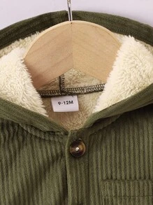SHEIN Vintaside Kids Babyjongen effen kleur knoop-voorzak corduroy capuchon lange mouw jas, geschikt voor herfst en winter