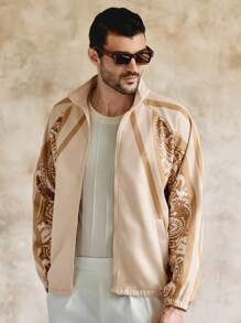 Manfinity VCAY Chaqueta con cremallera y cuello impresa casual para hombres, adecuada para uso diario. Ropa de diseñador de lujo para hombres, ropa de resort con estampado de paisley. Chaqueta con cremallera para hombres para otoño e invierno - Multicolor - Ver 1