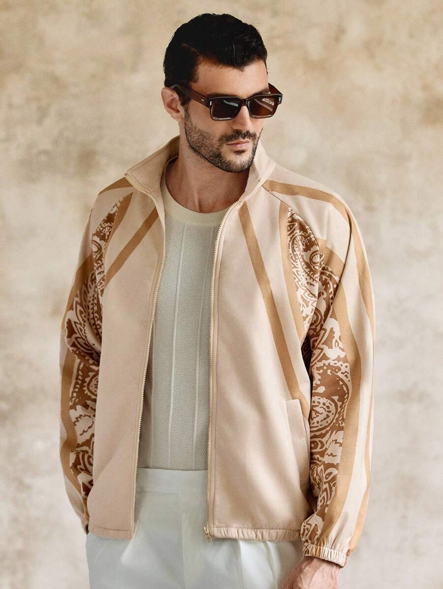 Manfinity VCAY Chaqueta con cremallera y cuello impresa casual para hombres, adecuada para uso diario. Ropa de diseñador de lujo para hombres, ropa de resort con estampado de paisley. Chaqueta con cremallera para hombres para otoño e invierno - Multicolor - Ver 1