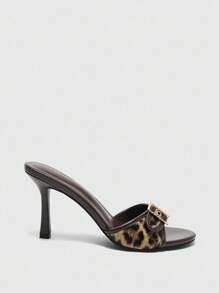 CUCCOO BIZCHIC Women's Brown Leopard Print & Gold Buckle Decor Retro Round Toe Comfortable High Heel Mule Sandals For Christmas - Brown - View 2