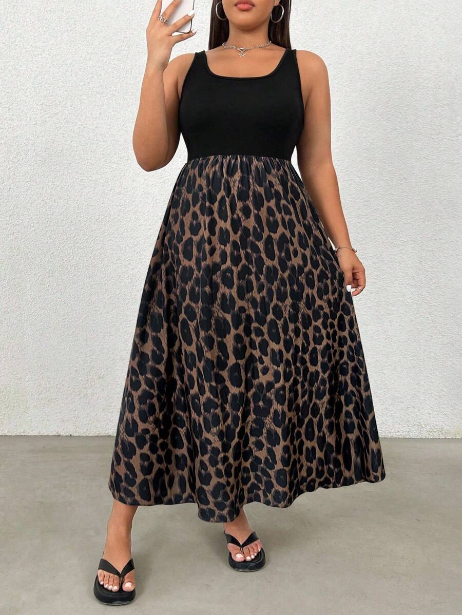 SHEIN EZwear 大码女式无袖豹纹拼布休闲夏装 - 棕色 - 查看 1