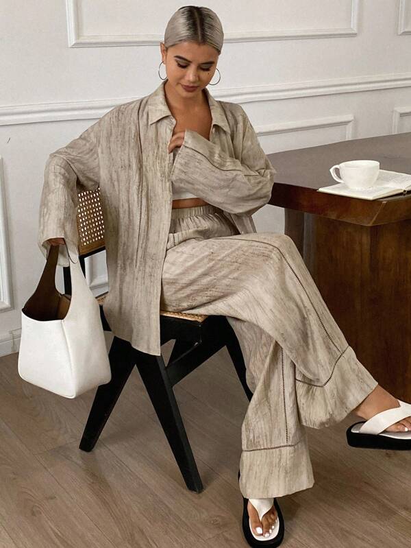 Livesso Women's Solid Color Front Button Long Sleeve Top And Long Pants Elegant 2 Pieces Set