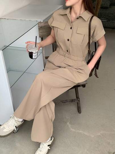 SHEIN Leap Crew 青少年女孩纯色梭织连体裤，翻领，短纽扣门襟，双口袋，卡其色，适合儿童连体裤，开学季