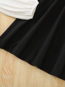 SHEIN Teen Girls White Knit Tie Bow Crop Cardigan Shrug With Solid Black Belted A-Line Long Sleeve Dress, Elegant Casual 2 Pieces Outfit Set; Back To School Academy Style Dress Set, White, Party, Holiday, Vintage, Boho, Elegant - Black and White - View 5