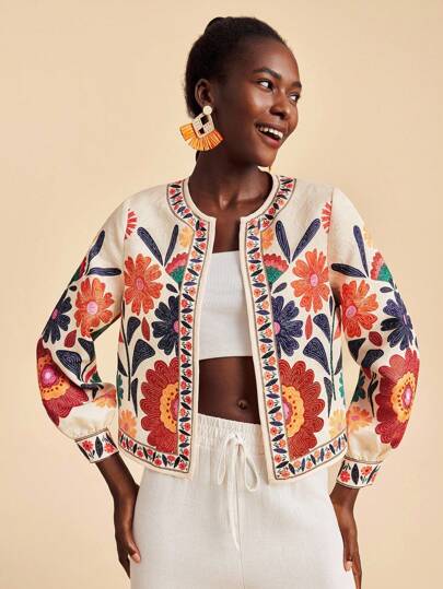 Travachic Apricot Woven Fabric Coat With Embroidery And Long Regular Sleeves Floral Jacket Women Embroidered Jacket Women Summer Jacket Floral Print Jacket Ladies Cardigan In Fall/Winter,Tropical Vacation, Bohemian Outfits, Ibiza Outfits, Western Style