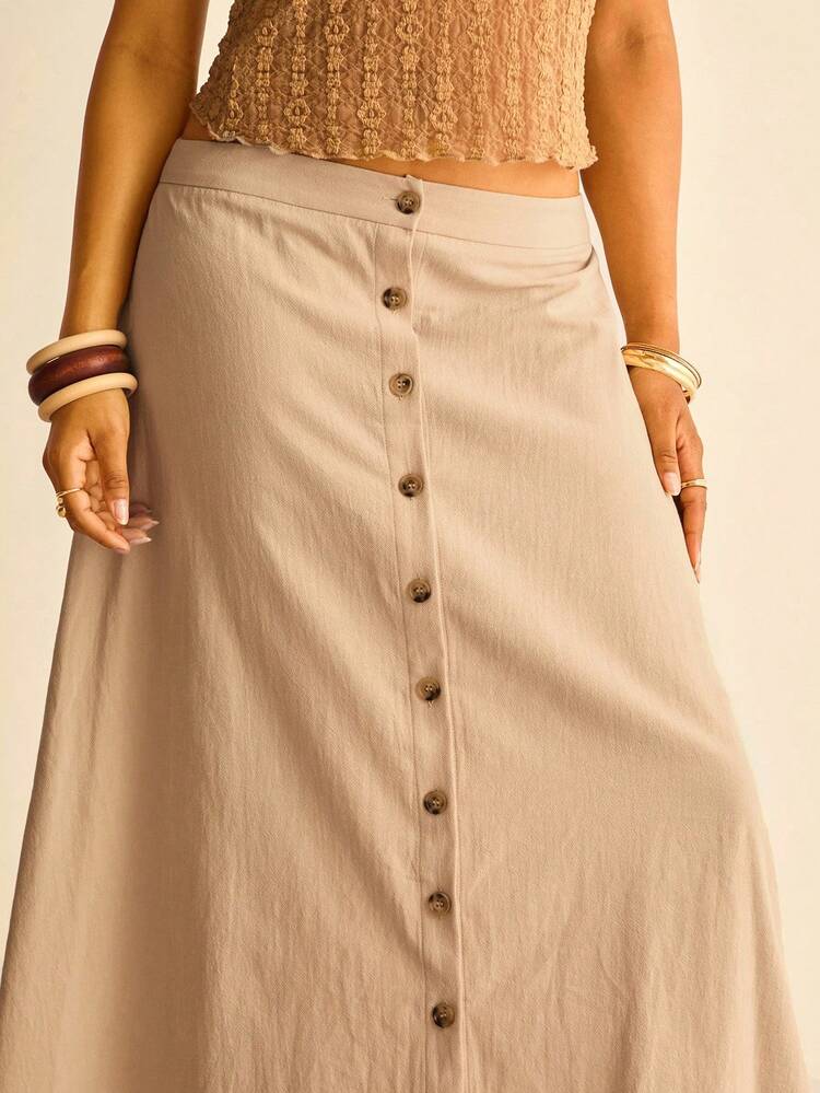 SHEIN VCAY 大码纯色纽扣前开襟休闲度假半身裙 卡其色半身裙 牛仔半身裙 不对称半身裙 纽扣半身裙 返校季秋季教师节教师乡村音乐会西部波西米亚风复古2000年代风格秋季大码乡村老钱波西米亚休闲秋季 - 杏色 - 查看 2