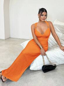 SHEIN SXY 1件性感黑色露背连衣裙 - 橘色 - 查看 3