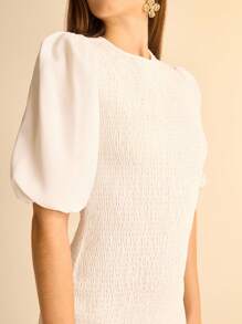 CAJUNI Damen Urlaubs Weiß Rundhals Puffärmel Figurbetontes Quasten Saum Transparentes Mini Kleid für den Sommer, Weißes Kleid, Kleider für Damen, Sommerkleider für Damen, Sommerkleid, Elegante Kleider für Damen, Sommerkleider, Damenkleider, Sommerkleider für Damen - Weiss - Übersicht 3