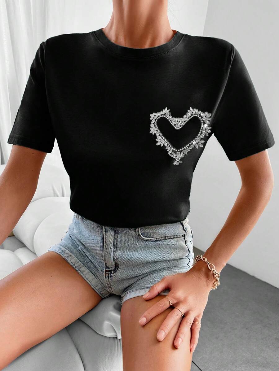 RueChic Rhinestone Detail Tee - Black - View 1
