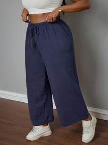 SHEIN PETITE CURVE Plus Size Solid Color Tie Front Pocket Simple Casual Pants, Daily Casual Wear