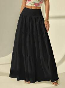 SHEIN PETITE Women's Solid Color Shirred Waist Ruffle Hem Casual Skirt For Vacation - Black - View 7