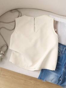 SHEIN Tween Girls' Casual Minimalist Comfortable Round Neck Sleeveless 3D Floral Decor Blouse - Apricot - View 4