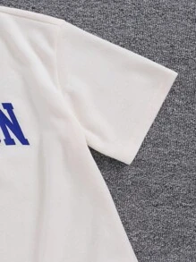 SHEIN 少女白色條紋針織短袖T恤，上面印有英語日常用語，搭配休閒短褲套裝 - 白色 - 查看 8