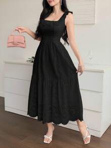 DAZY 法式蕾丝刺绣白色束腰连衣裙，飘逸A字连衣裙，度假女神风连衣裙 - 黑色 - 查看 2