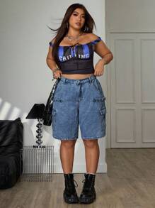 SHEIN ICON Cargo Pocket Tie-Up Detail Print Washed Denim Shorts