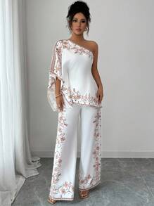 Rafferiza 女士优雅图案不对称肩部收腰上衣 + 长裤优雅印花 2 件套 - 白色 - 查看 6