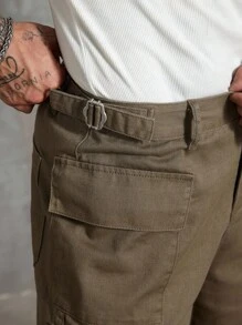 Manfinity Homme Pantalones cortos vaqueros casuales de hombre de unicolor con bolsillos y cinturón - Verde militar - Ver 7