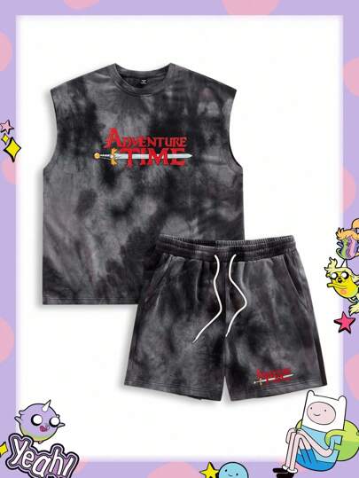 Adventure Time X ROMWE Men's Summer Casual Street Fashion Cartoon Letter Print Distressed Washed Loose Tank Top And Drawstring Waist Shorts Set