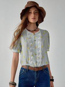 Florisole Áo sơ mi nữ tay ngắn in họa tiết sọc Áo sơ mi nữ ren tương phản thời trang đa năng - trắng - Xem 1