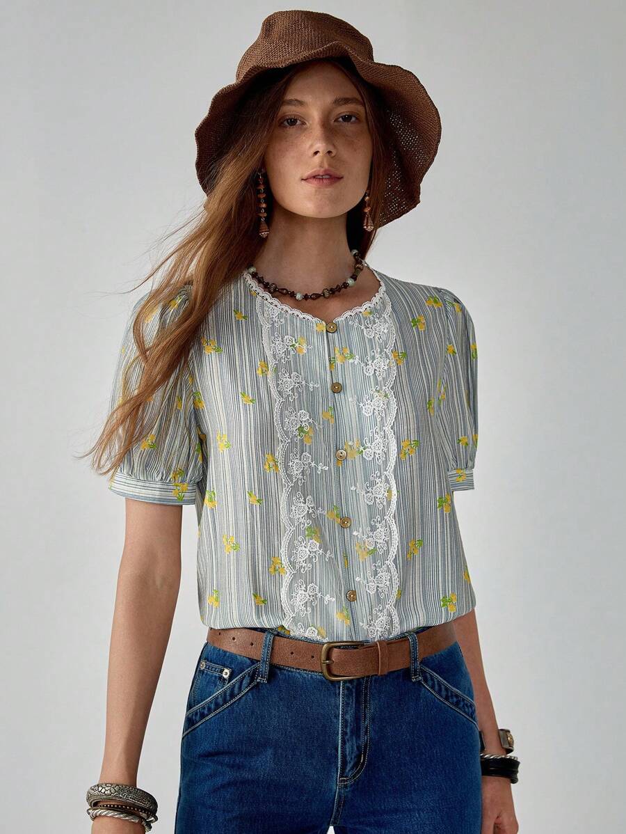 Florisole Áo sơ mi nữ tay ngắn in họa tiết sọc Áo sơ mi nữ ren tương phản thời trang đa năng - trắng - Xem 1