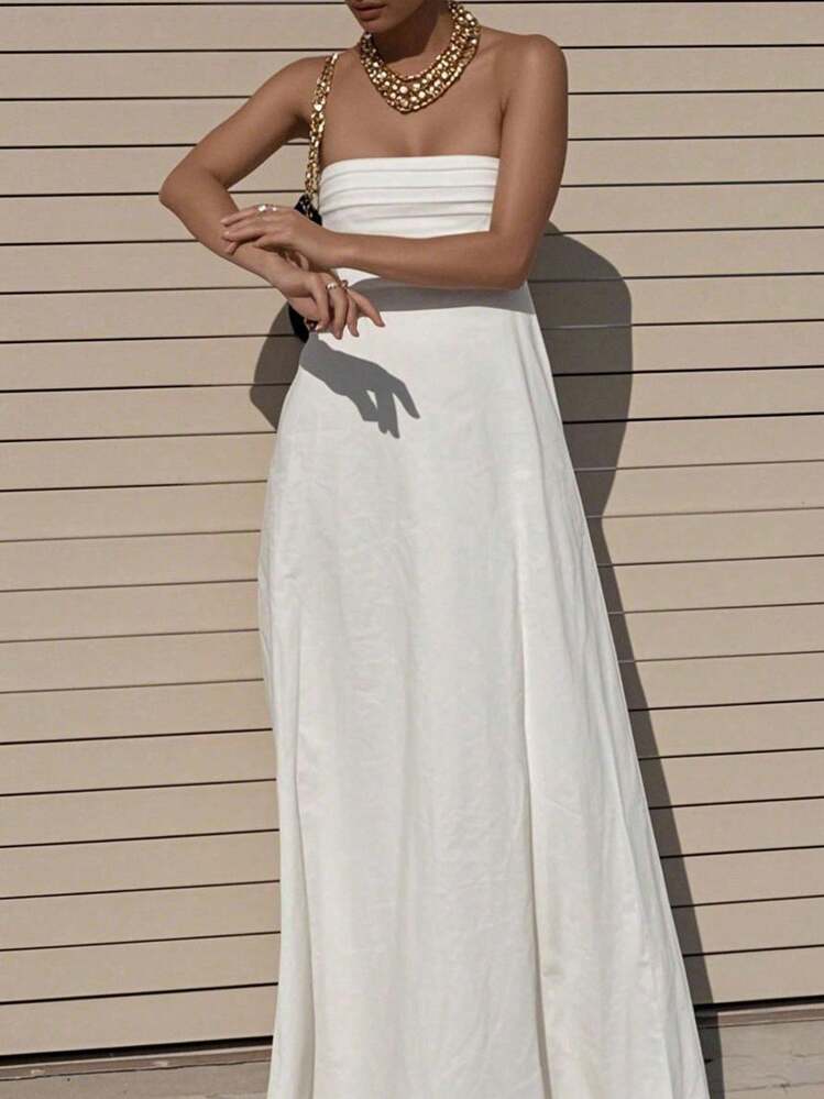 INAWLY Vestido Longo Feminino de Moda Casual, Sexy, Romântico e Simples, em Cor Sólida - Branco - Visão 4