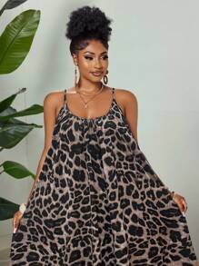 Maweii 2025 女式加大码优雅日常穿着时尚拼色豹纹梭织面料高端百搭设计感度假吊带裙，春夏